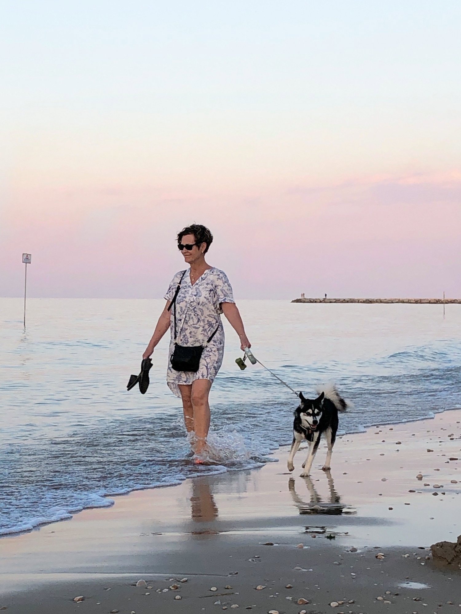 Lisa och luna, en kvinna och en hund som går längs vattnet
